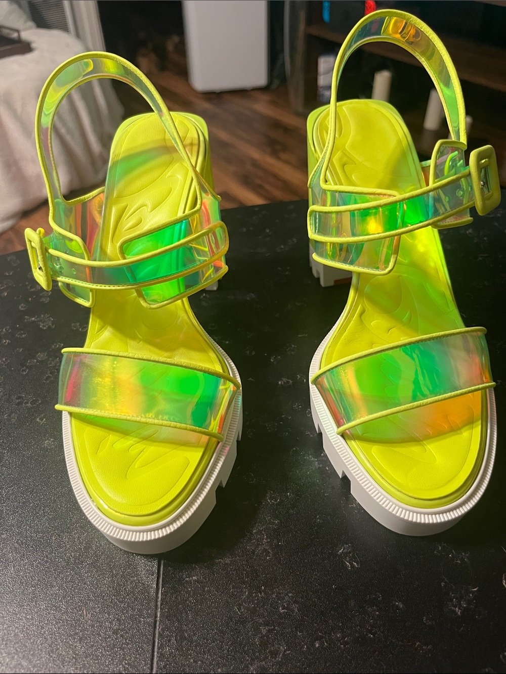 Christian Louboutin Neon Yellow Iridescent Strappy Sandals